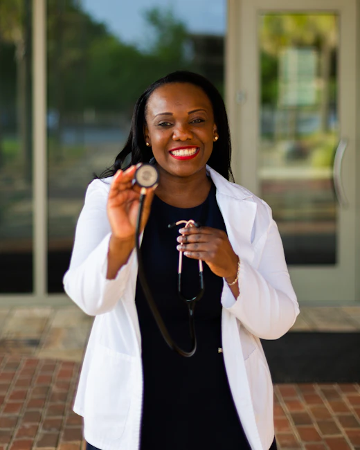 Clinic social post: doctor welcoming patients outside the practice